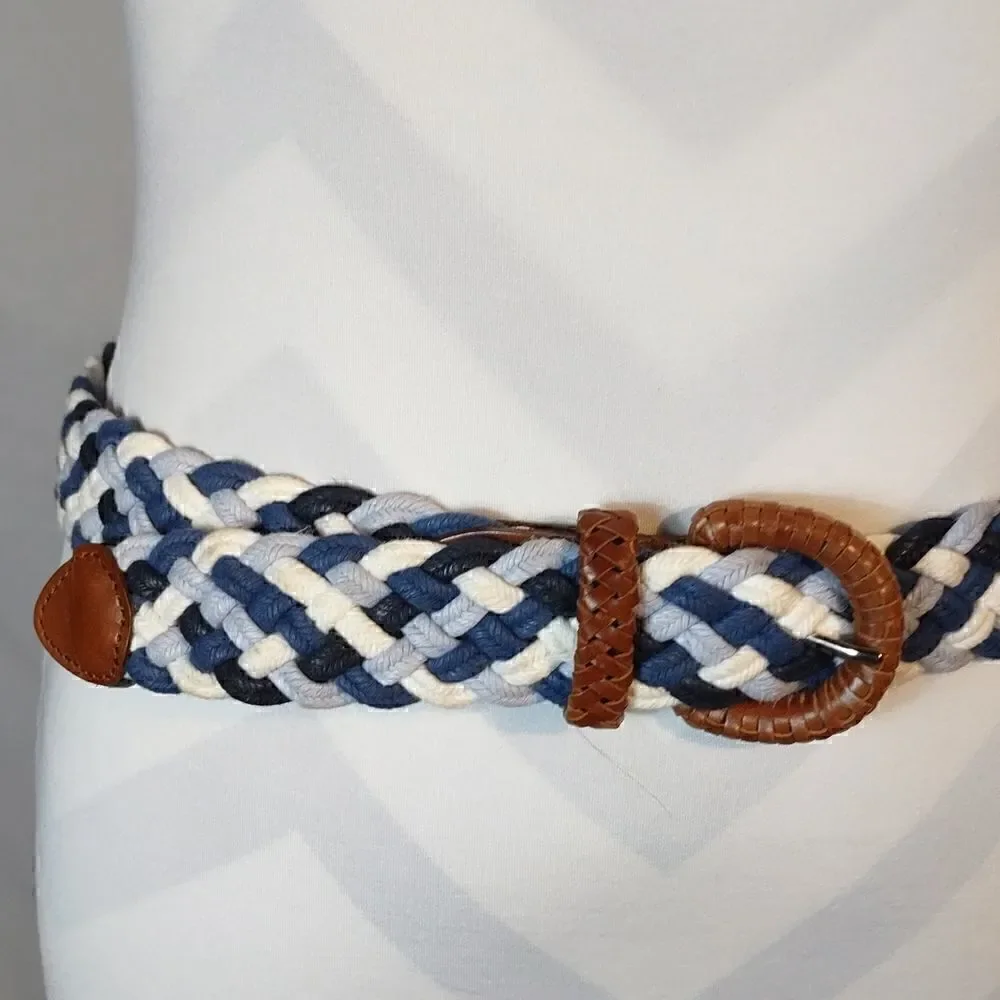Blue & White Braided Belt With Leather Trim
